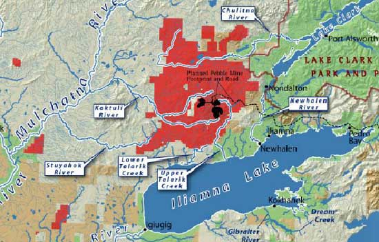 map of planned Pebble Mine footprint and road in southwest Alaska