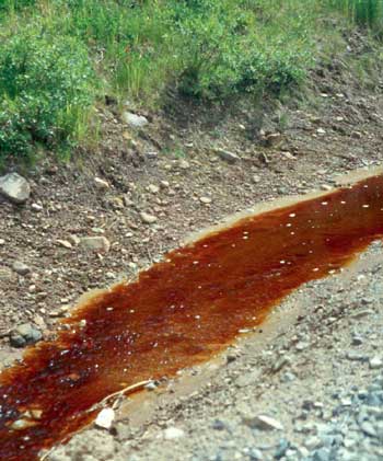red iron acid drainage in a stream